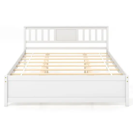 Wooden Platform Bed with Headboard and Wood Slat Support White {3}