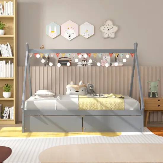 Wooden House Bed with Storage Drawers and DIY Playhouse Design for Kids Grey {3}
