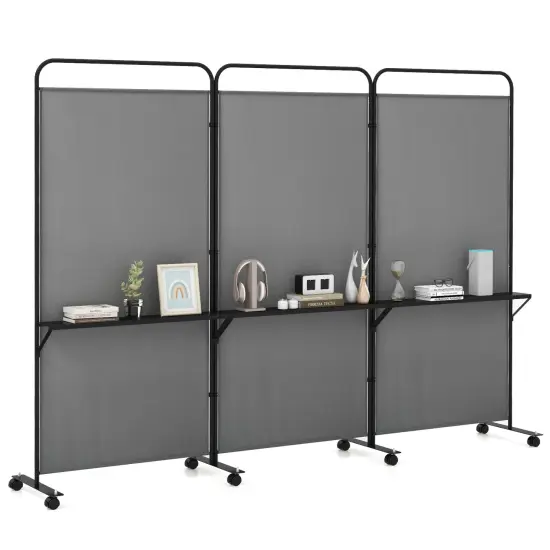 3-Panel Folding Room Divider with 3 Metal Shelves and Lockable Wheels Grey {3}