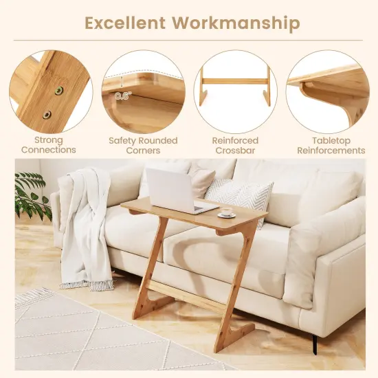 Wicker Z-Shaped Spacious Sofa Side Table with Space-Saving Tabletop Natural {6}