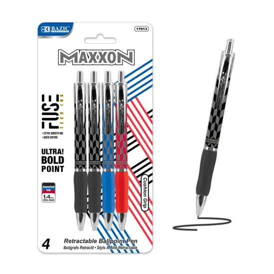 BAZIC Maxxon 1.4 mm Tip Asst. Color FUSE Tech Ink Retractable Pen w/ Cushion Grip (4/Pack) {1}