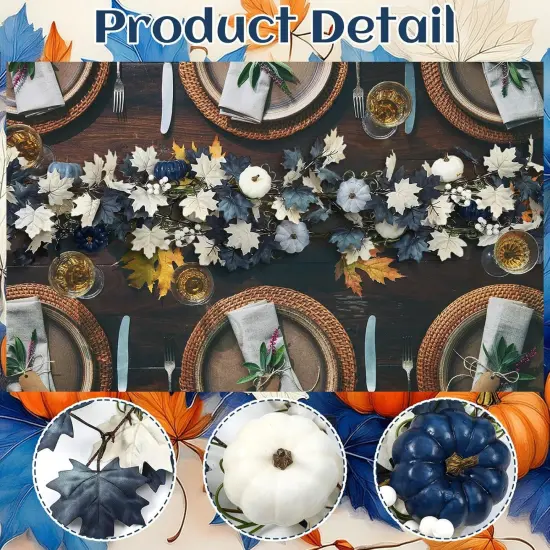6ft Fall Blue Garland with Pumpkin and Autumn Leaves {3}