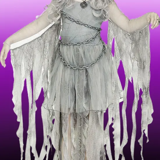 Girls Enchanted Ghost Gray Hooded Dress Costume with Chain Detail {3}