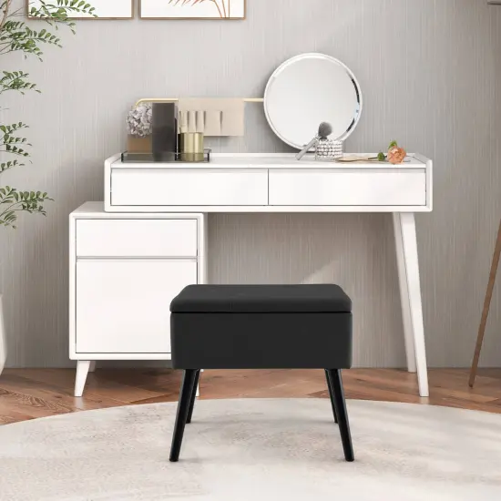 Costway Velvet Vanity Stool Ottoman with Storage Solid Wood Legs Flip-Up Top for Entryway Gray/Beige/Black {12}