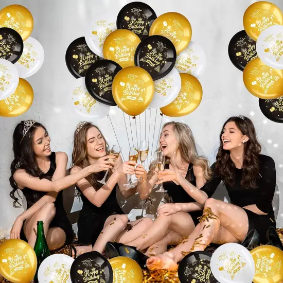 45 Pieces 12 Inch Happy Birthday Balloons Black Gold White Latex Balloons {2}