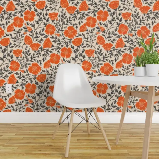 Peel & Stick Wallpaper 2FT Wide Orange Floral Block Print Summer Poppies Retro Linocut Bold Black Botanical Modern Flowers Custom Removable Wallpaper by Spoonflower {1}