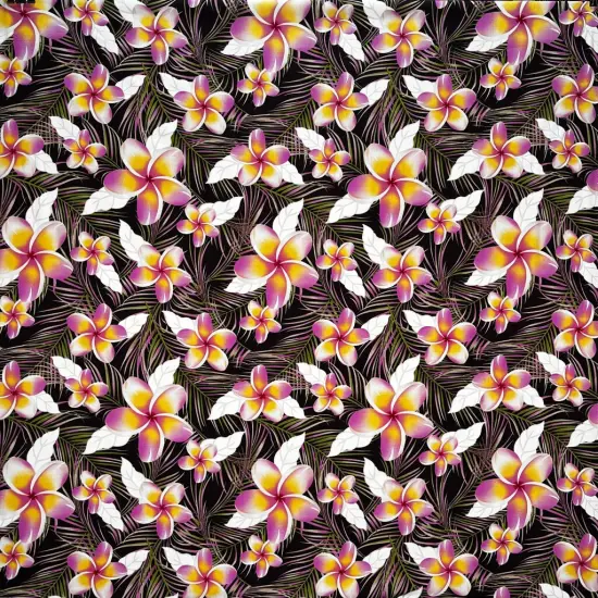 1 Yard Plumeria & Tropical Leaves Print Rayon Poplin Fabric 36in L x 45in W Purple/Lime Gr {3}