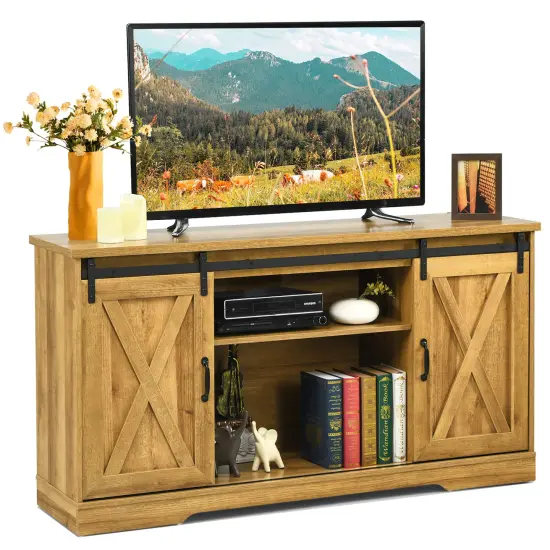 Costway 59'' Farmhouse TV Stand Sliding Barn Door Cabinet w/ Adjustable Shelf {7}