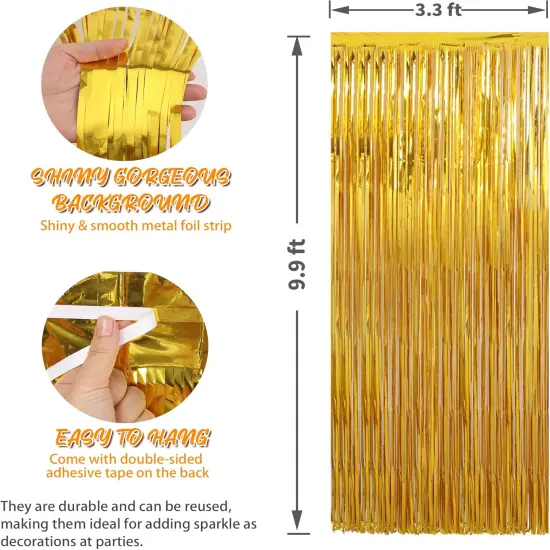 3 Pack 3.3 x 9.9 ft Gold Foil Fringe Glitter Curtains Party Decorations, Tinsel Backdrop for Parties, Door Streamers for Birthday, Photo Booth Backdrops, Party Decor {5}