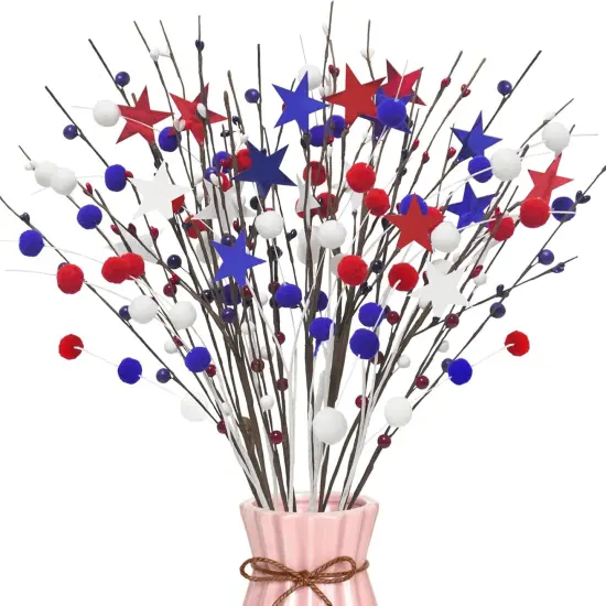 18 Pack Patriotic Artificial Berry Stems 23.6" 4th of July Floral Picks Red White Blue Stars Pip Berry Spray with Felt Balls for Home Office Vase Table Centerpiece 4th of July Decor {1}