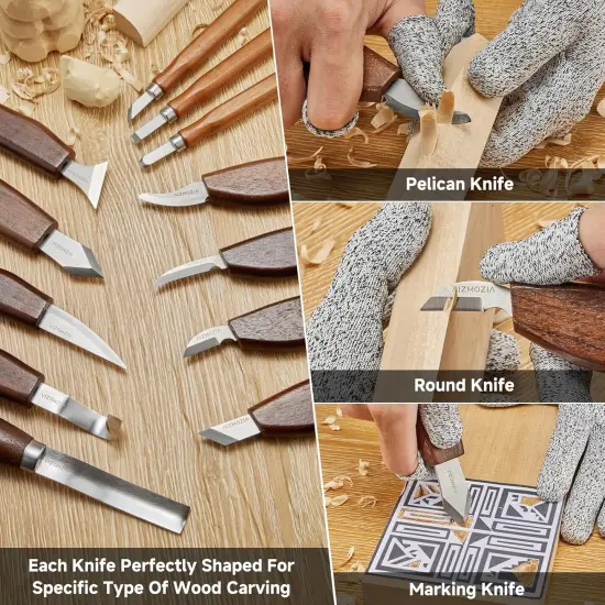 Wood Carving Kit, 17Pcs Wood Carving Tools, Professional Whittling Knife Set, Wooden Hand Knives with Sheath & Deluxe Leather Roll Bag for Beginners Adults & Starter Woodworking {2}