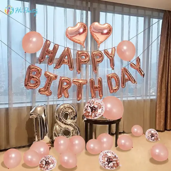 40 pcs Pink Rose Gold Birthday Decorations, 3D Mylar Foil Happy Birthday Banner and 18 inch Big Heart Star Confetti Latex Balloons {3}