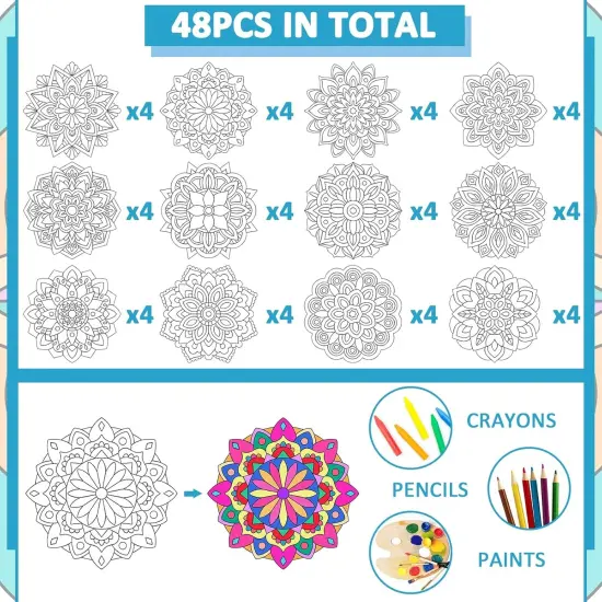 48 Pcs Summer Mandala Coloring Cutouts Set DIY Your Own Mandala Cards Mandala Painting Poster Stress Relieving Activity Crafts Art {3}