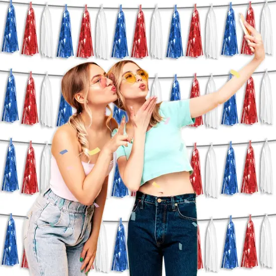 4P White Blue Red Foil Fringe Tassel Garland Metallic Tinsel Streamer Banner Wall Curtain Backdrop for Parade Floats, Graduation, Independence Day, 4th of july {3}