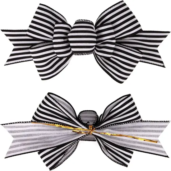2 Pcs Christmas Burlap Bow Handmade Premade Bows for Wreaths Large Decorative Christmas Ornaments Tree Decorations Wrapping Bows Decor (Black White Stripe) {2}