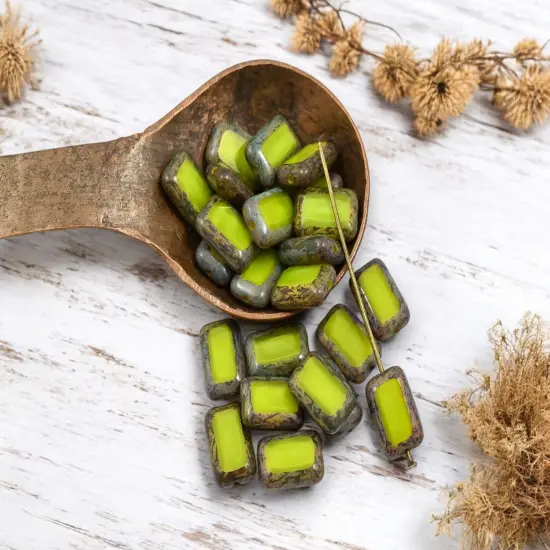 *24* 8x12mm Charteuse Silk Picasso Table Cut Rectangle Beads {1}