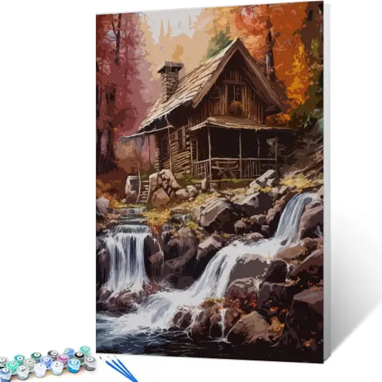 Paint by Numbers Cabin in Autumn DIY Painting On Canvas, Paintwork with Paintbrushes Acrylic Paints,Perfect for Paint by Numbers for Adults and Kids Students Beginner Without Framed 16''x20'' {3}