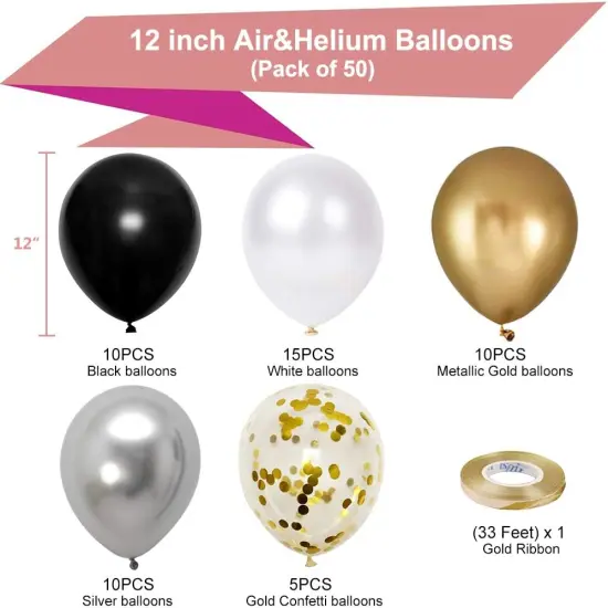 Black Gold Silver party Balloons, 50pcs 12 Inch Metallic Thicker Latex Confetti Balloons with Ribbon for Wedding Birthday Baby Shower Decorations (BlackGoldSilver50pcs) {2}