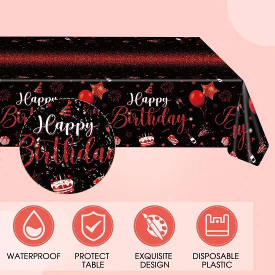 Red & Black Birthday Decorations - Party Supplies Set with Confetti Sprinkles, Includes Disposable Paper Plates & Napkins, Tablecloth for Boys & Girls {4}