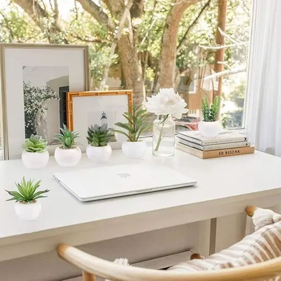Set of 6 Succulents Plants Artificial in Mini White Ceramic Pots Small Fake Succulents Plant Faux Indoor Decor Windowsills Bedroom Desk Bathroom Office Home Decoration {2}