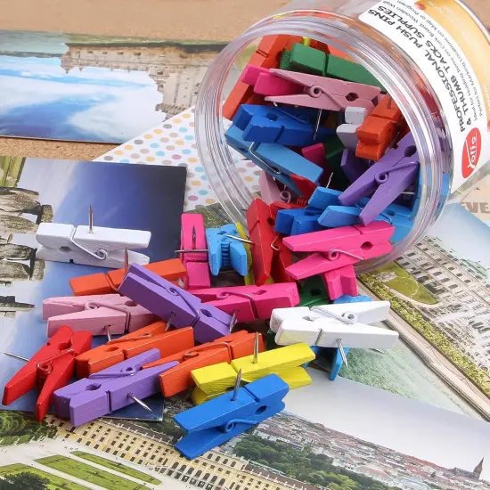 Wooden Push Pin Clips 50 Pcs, Pins Clips Creative Paper Clips with Pins for Cork Board and Photo Wall No Holes for The Paper {4}