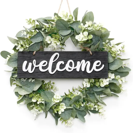 Wreath for Front Door 16 Inch Eucalyptus Leaves Wreath Green Leaves Wreath with Welcome Sign Door Wreath Spring Summer Wreath for Farmhouse Home Porch Indoor Outdoor Decor (Black) {5}