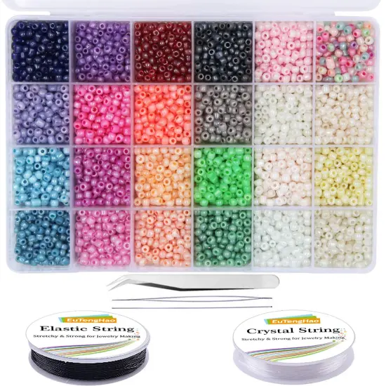EuTengHao 6000pcs Glass Seed Beads Small Craft Beads for DIY Bracelet Necklaces Crafting Jewelry Making Supplies with Two 0.8mm Clear Bracelet String (4mm, 250 Per Color, 24 Colors) {1}
