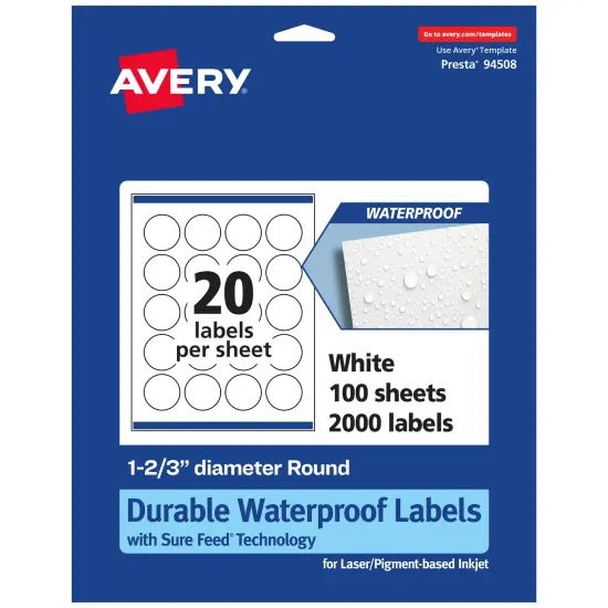 Avery Durable Waterproof Round Labels with Sure Feed, 1-2/3" diameter {1}