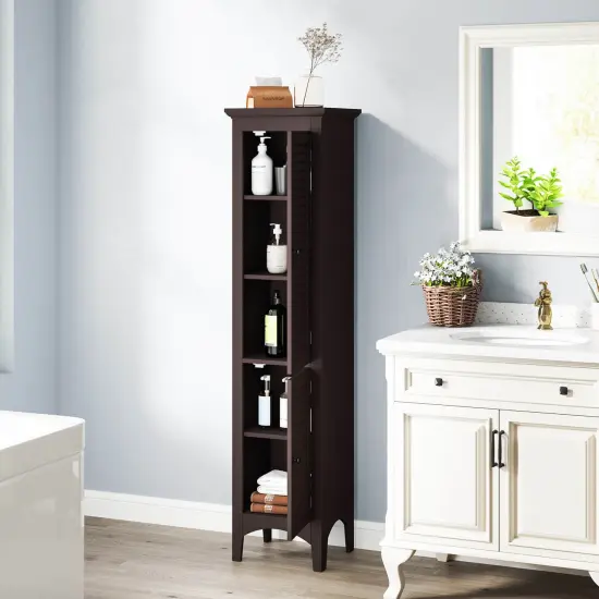 Costway Tall Bathroom Floor Cabinet Narrow Linen Tower with 2 Doors & Adjustable Shelf Black/Coffee/Grey {2}