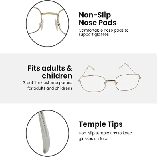 4E's Novelty Old Person Costume Glasses for Kids Adults Gold Rectangular Fake Eyeglasses Old Lady Glasses for 100th Day of School Costume Dress Up Accessory {3}