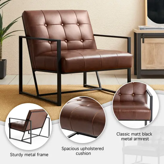 30.5"H Mid-Century Modern Leatherette Button-tufted Accent Arm Chair with Black Metal Frame Brown {3}