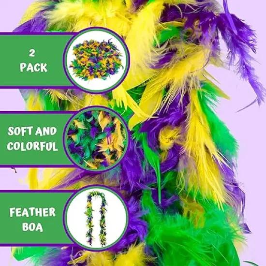 4E's Novelty 2 Pcs Mardi Gras Feather Boa 6 Ft / 72 Inch Long - Great Accessory for Mardi Gras Outfits for Women & Men, Mardi Gras Costumes for Party {4}