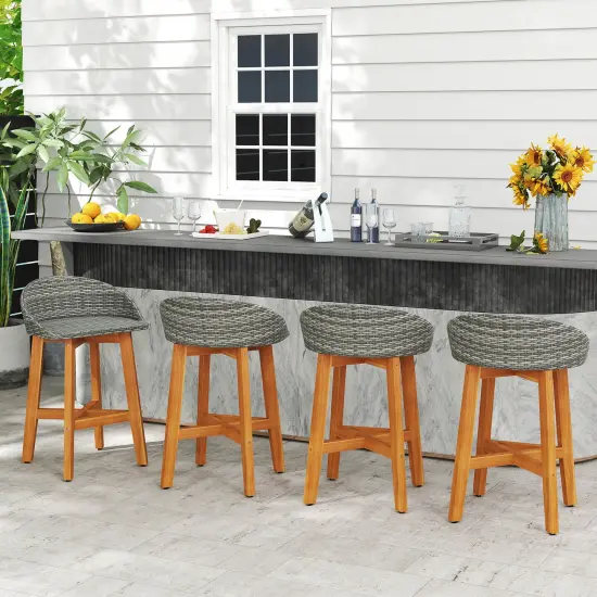 Costway Outdoor Faux Rattan Bar Chairs Set of 2/4 Solid Acacia Wood Bar Stools for Porch Brown/Gray {5}