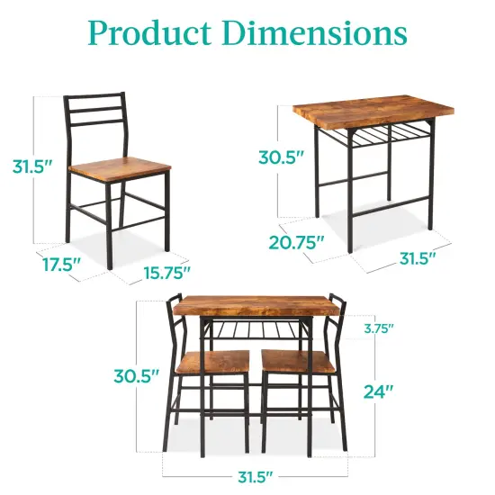 Best Choice Products 3-Piece Modern Dining Set, Square Table & Chairs Set w/ Steel Frame, Built-In Storage Rack Medium Brown/Black {2}