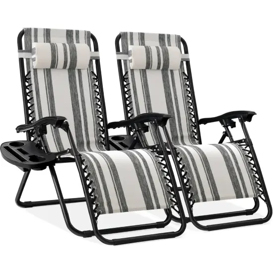 Best Choice Products Set of 2 Zero Gravity Lounge Chair Recliners for Patio, Pool w/ Cup Holder Tray Gray Stripes {1}