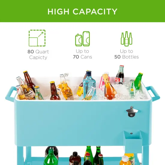 Best Choice Products 80qt Steel Rolling Cooler Cart w/ Bottle Opener, Catch Tray, Drain Plug, Locking Wheels Turquoise {3}