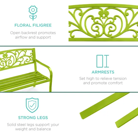 Best Choice Products Outdoor Steel Bench Garden Patio Porch Furniture w/ Floral Design Backrest Lime Green {6}