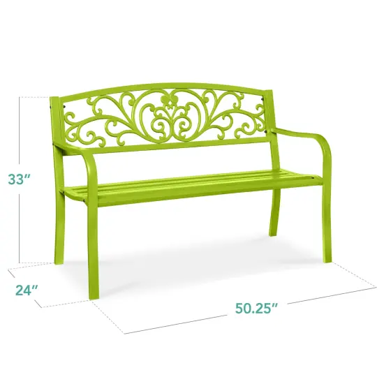 Best Choice Products Outdoor Steel Bench Garden Patio Porch Furniture w/ Floral Design Backrest Lime Green {2}