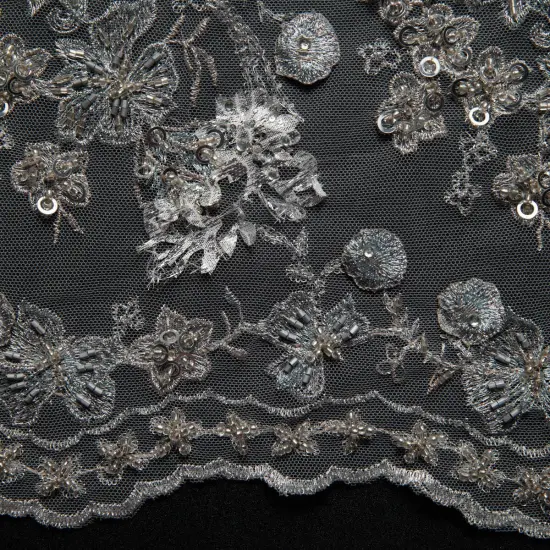 1 Yard ST Tulle Lace Fabric Embroidered Applique Beautiful 3D Floral Pattern 52/54" Wide Silver {5}