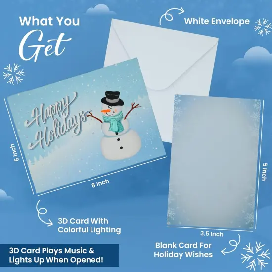 3D Popup Christmas Holiday Greeting Card with Music and Lights, Snowman Let It Snow Scene Design, Handmade - Includes Blank Note Card, Mailing Envelope - Plays Holiday Music {4}