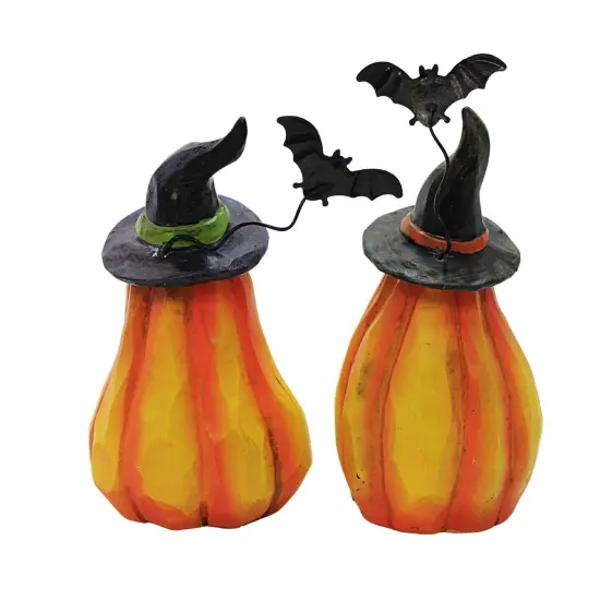 Transpac 5.25 In Pumpkins With Hat Figurine Halloween Figurine Set , Lighted Halloween Decor Lighted Battery Operated Bats Orange {2}