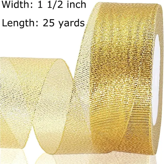 1 1/2 Inch Wide Gold Glitter Ribbon - 25Yards {2}