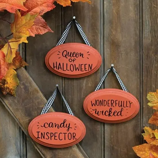 Halloween Black and Orange Wooden Ornaments Collection with Fabric Hangers and Painted 3 Asstd. {4}