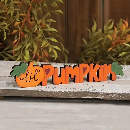 "Lil&rsquo; Pumpkin Wooden Word Sitter Freestanding Fall D&eacute;cor Sign with Heart Accents {2}