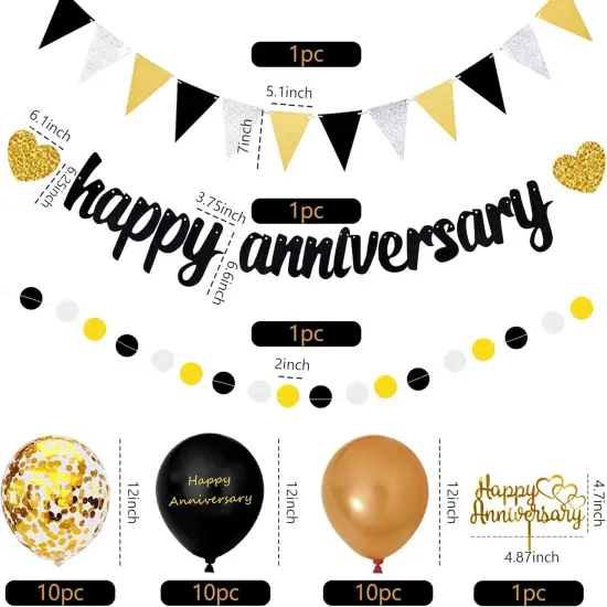Happy Wedding Decorations &ndash; Gold & Black Banner, Cake Topper, Balloons & Hanging Decor {2}