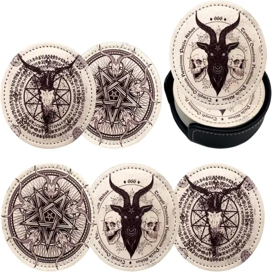 Satan Goat Skull Leather Coasters &ndash; Set of 6 with Holder for Coffee Table {1}