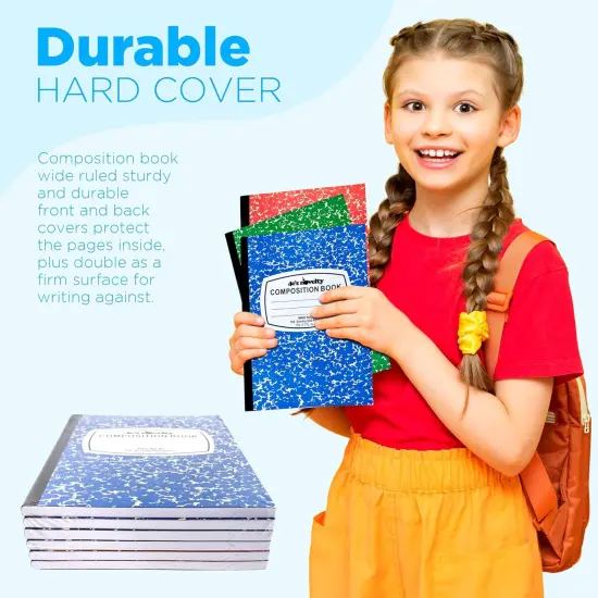 4E's Novelty Wide Ruled Composition Notebooks - Pack of 6- Hard Cover 100 Sheets 9.75" x 7.5" - Red Blue Green Cute Marble Colors, Bulk Compositon Book Wide Ruling, Back to School Supplies {6}