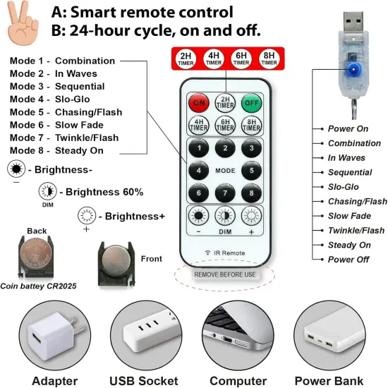 120LED 40Ft Fairy String Lights - USB Powered, Waterproof, Hooks & Timer (Warm White) {4}