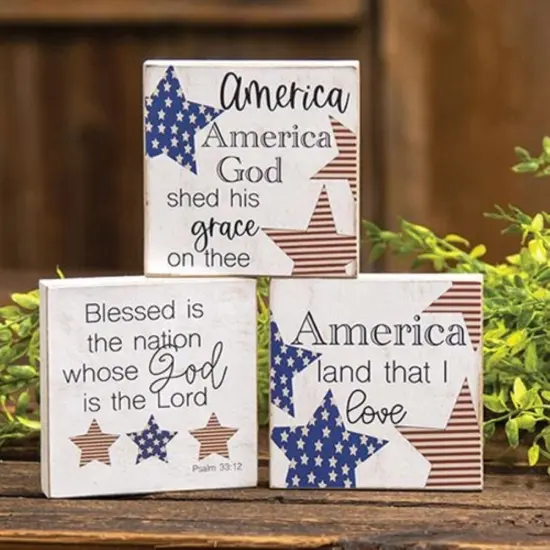 Patriotic Land That I Love Square Wood Block Sign Decor for Shelf or Table 3 Asstd. {2}