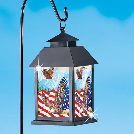 Collections Etc Solar Powered Eagle and Flag Patriotic Lantern with Shepherd's Hook {1}